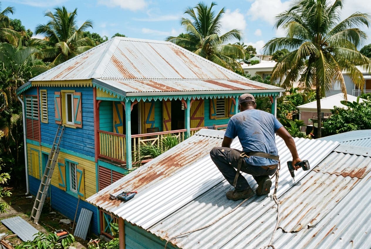Réfection d'une toiture en tôle sur une case créole en Guadeloupe