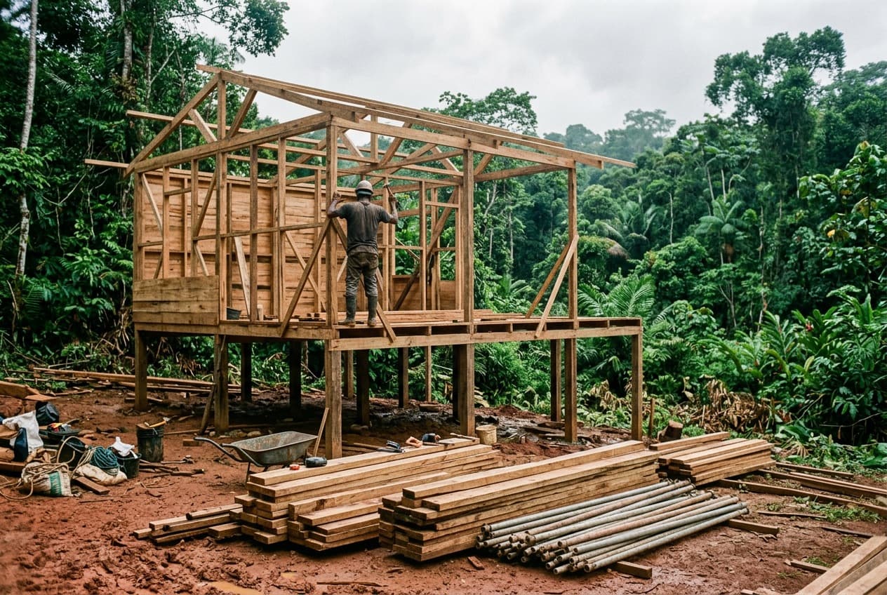 Construction d'une maison en bois sur pilotis en Guyane
