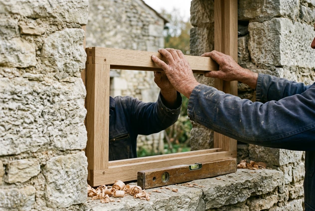 Menuisier posant un châssis de fenêtre en bois dans un mur de pierre