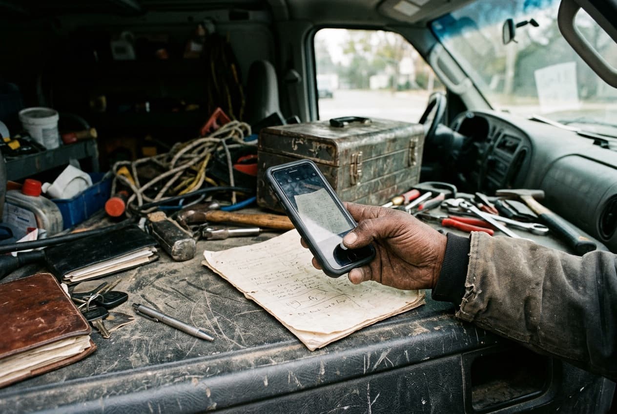 Un artisan photographie un document avec son téléphone dans sa camionnette